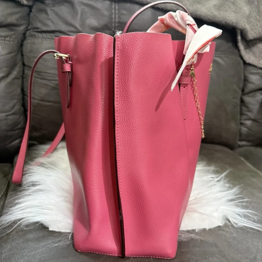 Coach Mollie Tote Pink Pebbled Leather Zip Top Shoulder Bag Gold Straw Topper